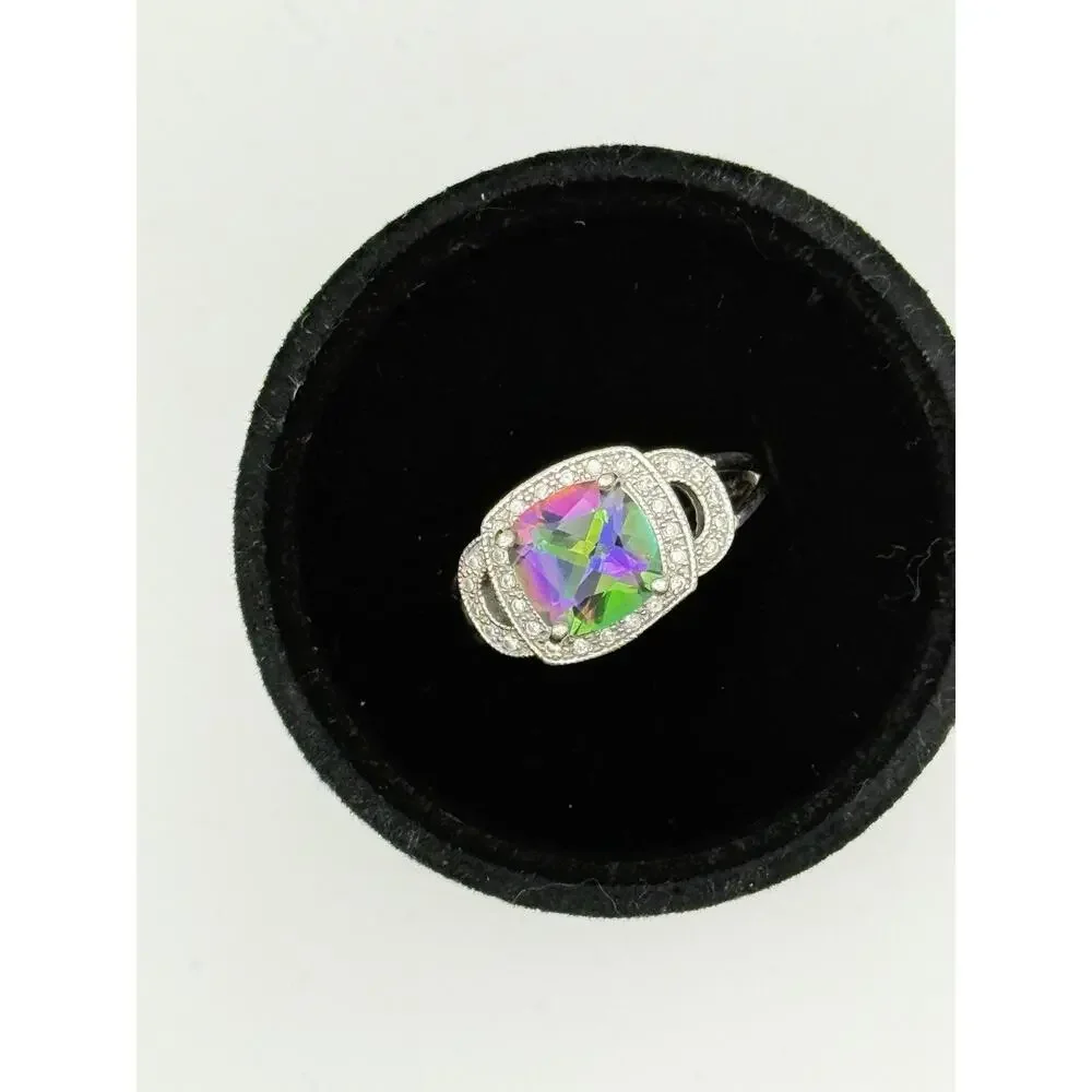 Mystic Topaz Halo Ring Sterling Silver Cushion 9mm Split Shank Sz 8